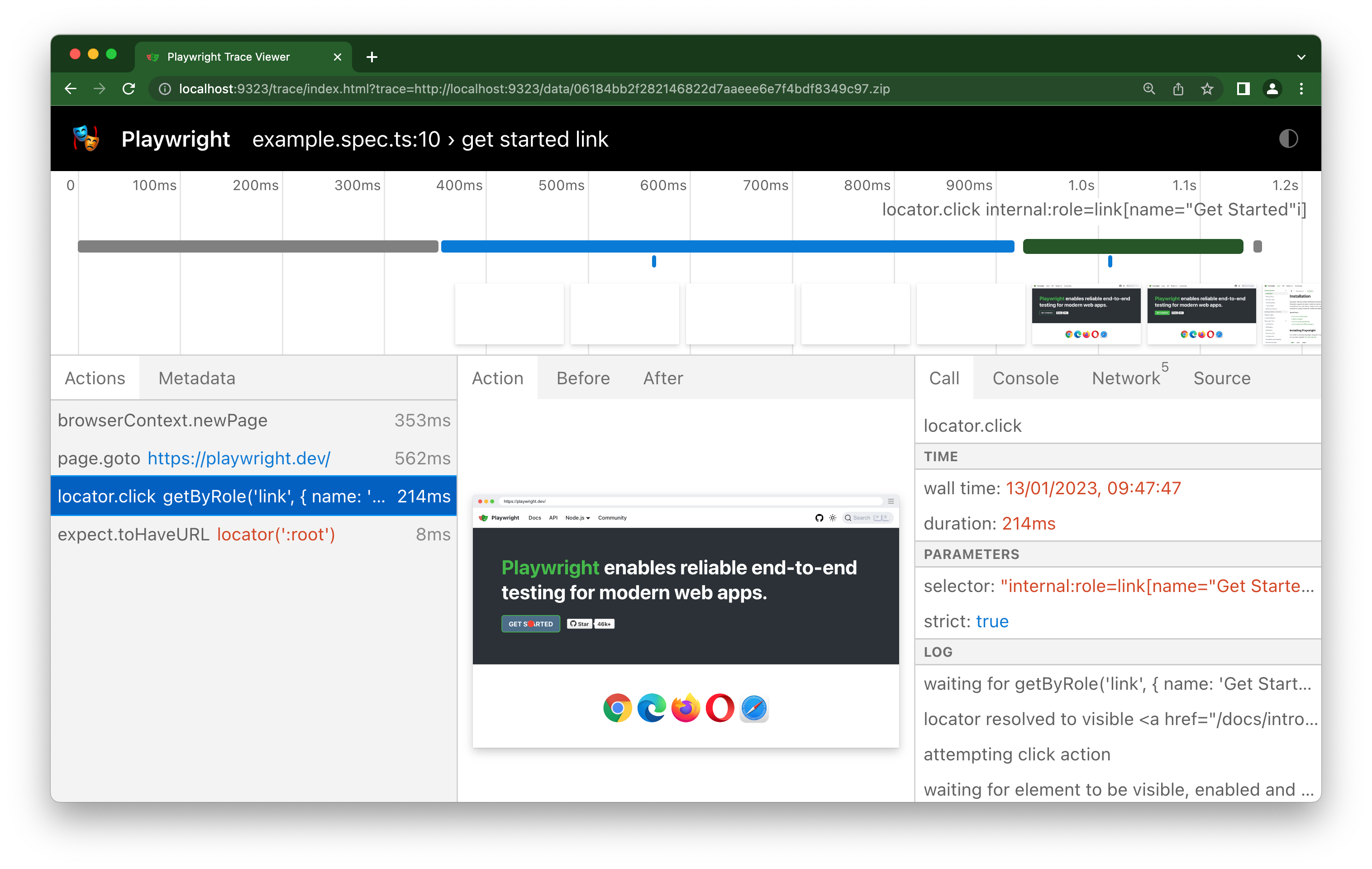 Playwright Trace Viewer displaying test actions, a timeline, page snapshots, and action logs