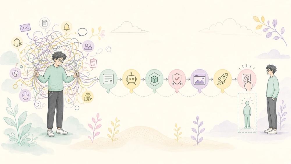A developer stepping away from tangled manual handoffs as they become an automated workflow with a human approval gate