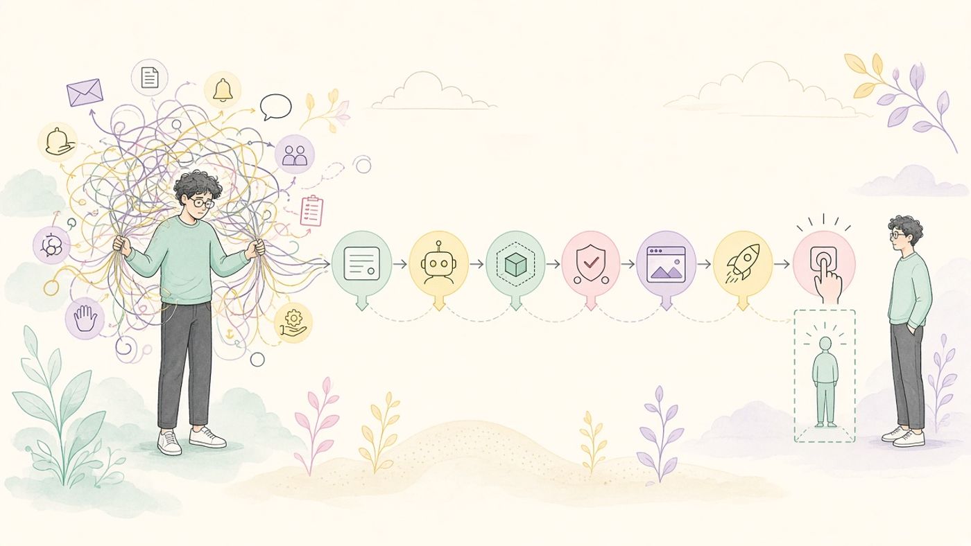 A developer stepping away from tangled manual handoffs as they become an automated workflow with a human approval gate