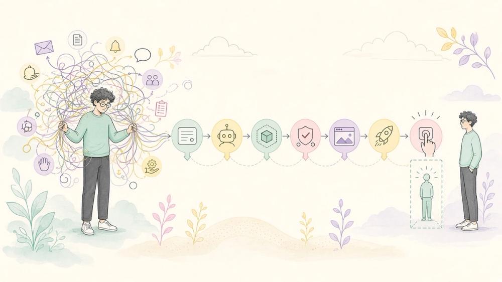 A developer stepping away from tangled manual handoffs as they become an automated workflow with a human approval gate