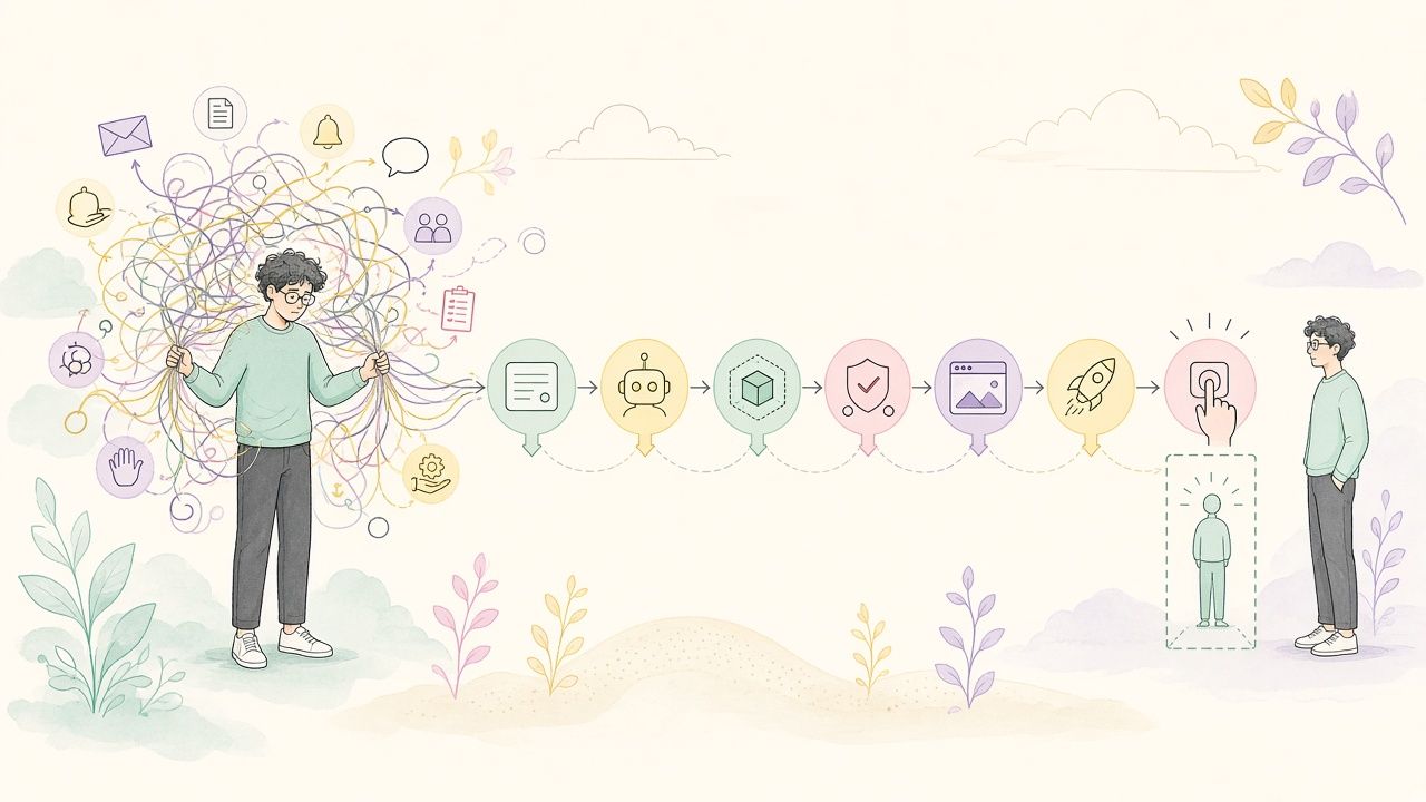 A developer stepping away from tangled manual handoffs as they become an automated workflow with a human approval gate