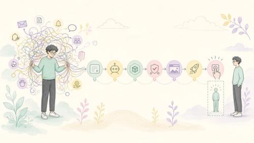 A developer stepping away from tangled manual handoffs as they become an automated workflow with a human approval gate