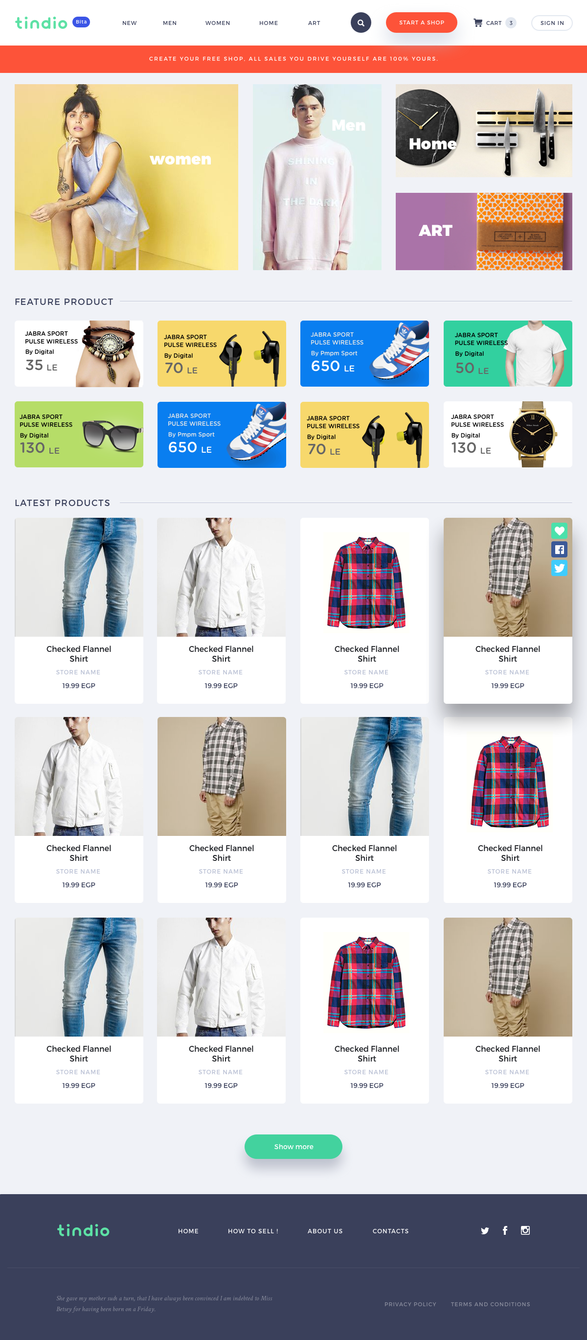 Tindio homepage design with promotional panels, product categories and rows of products.