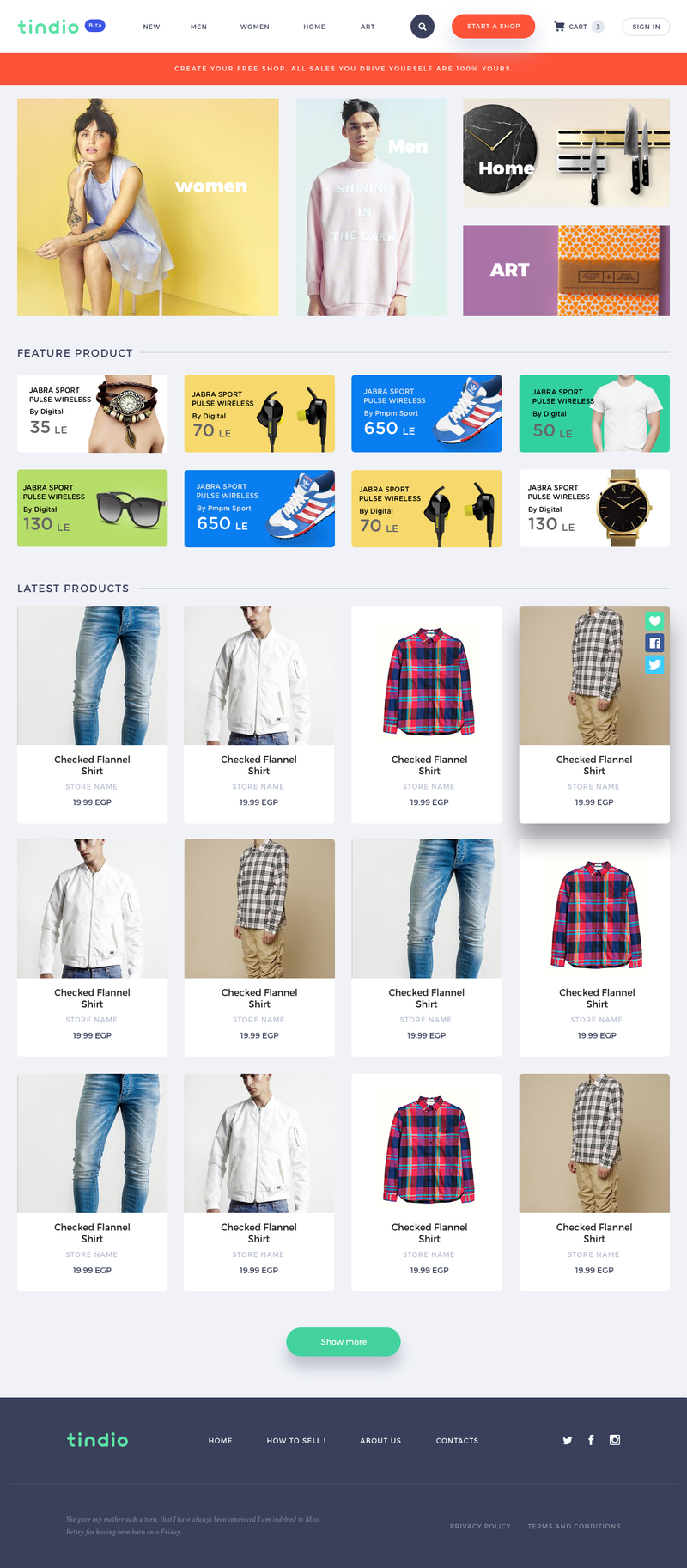 Tindio homepage design with promotional panels, product categories and rows of products.