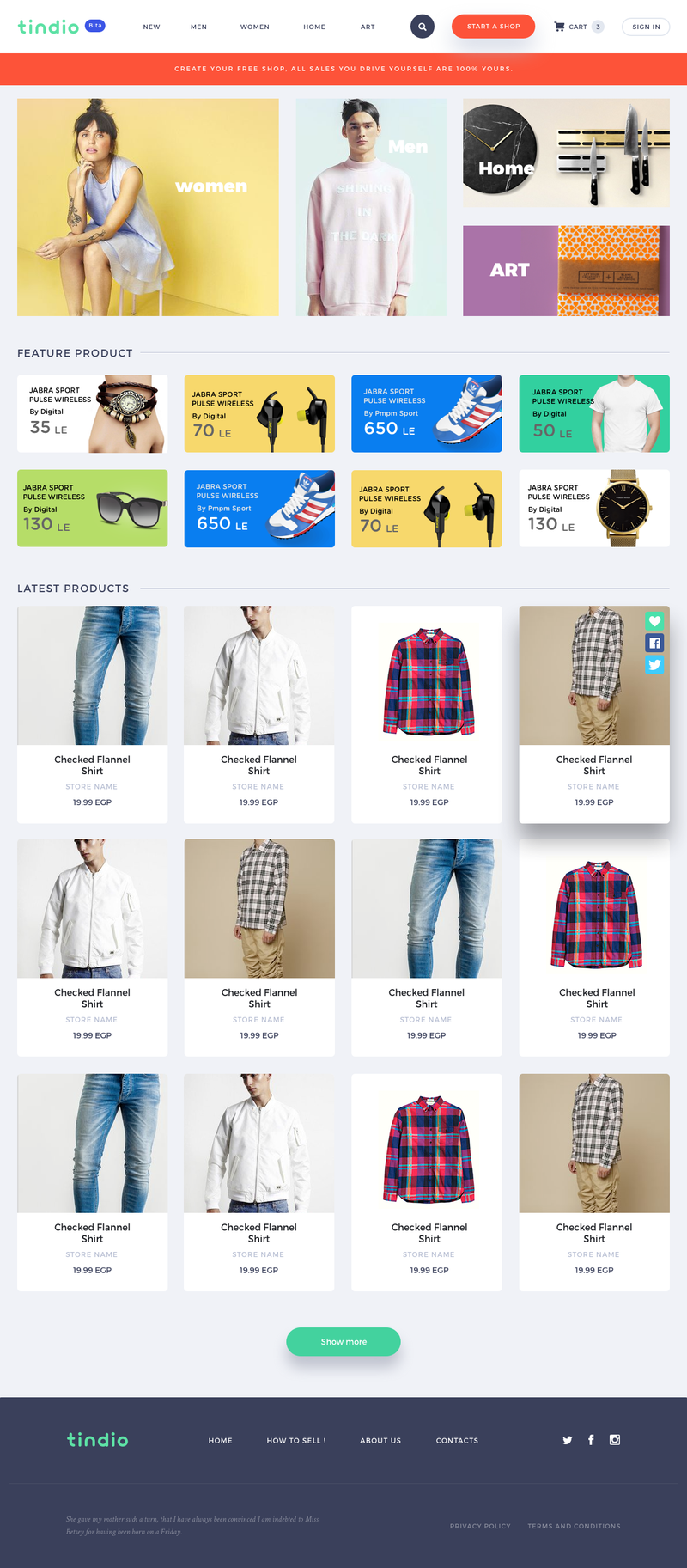 Tindio homepage design with promotional panels, product categories and rows of products.