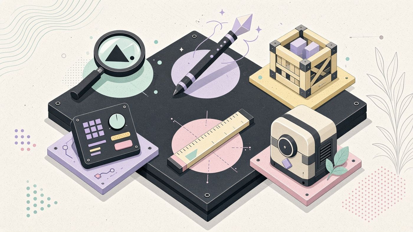 Workbench with six tools representing key development tasks.