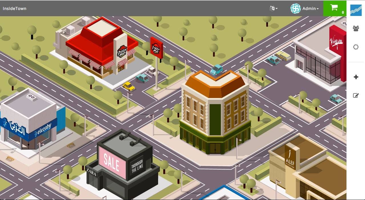 Inside Town dashboard showing the SVG city with an admin header and editing toolbar.
