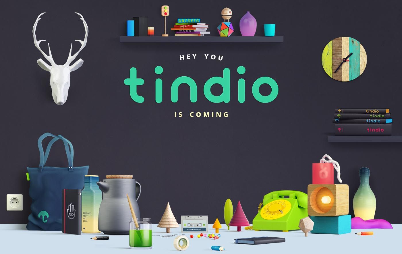 Early Tindio launch artwork with the green Tindio name surrounded by colourful products.