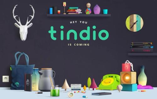 Early Tindio launch artwork with the green Tindio name surrounded by colourful products.