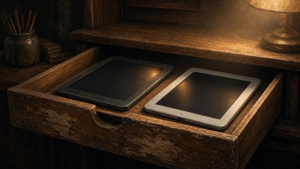 An open wooden drawer with a dark tablet and a silver one inside, in warm light, blank screens, no logos.