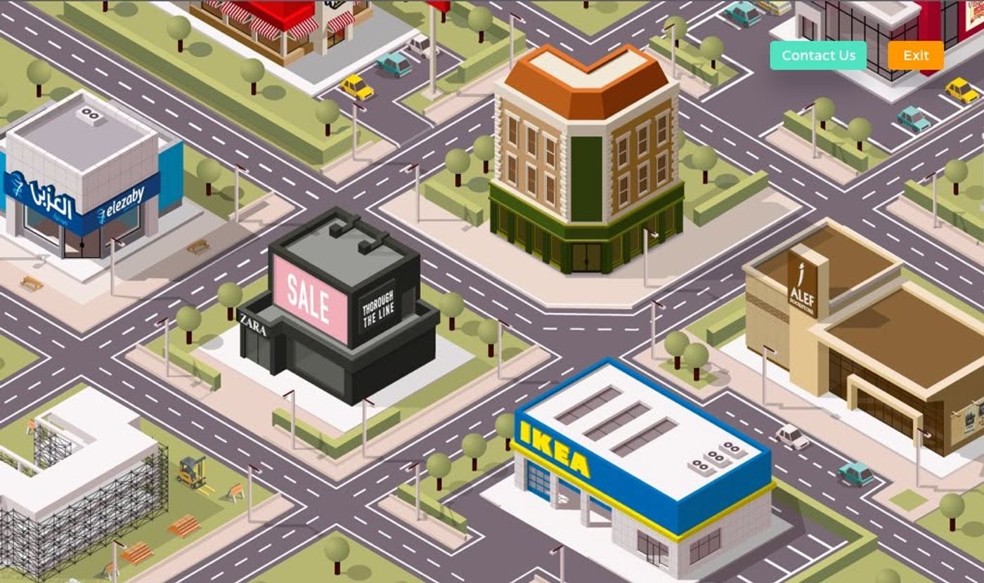 Inside Town isometric city concept with shops, roads, cars and trees.
