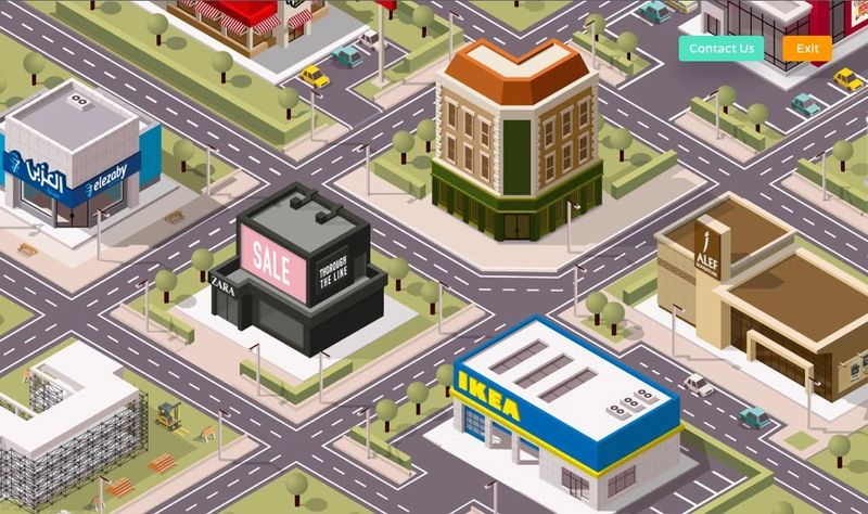 Inside Town isometric city concept with shops, roads, cars and trees.