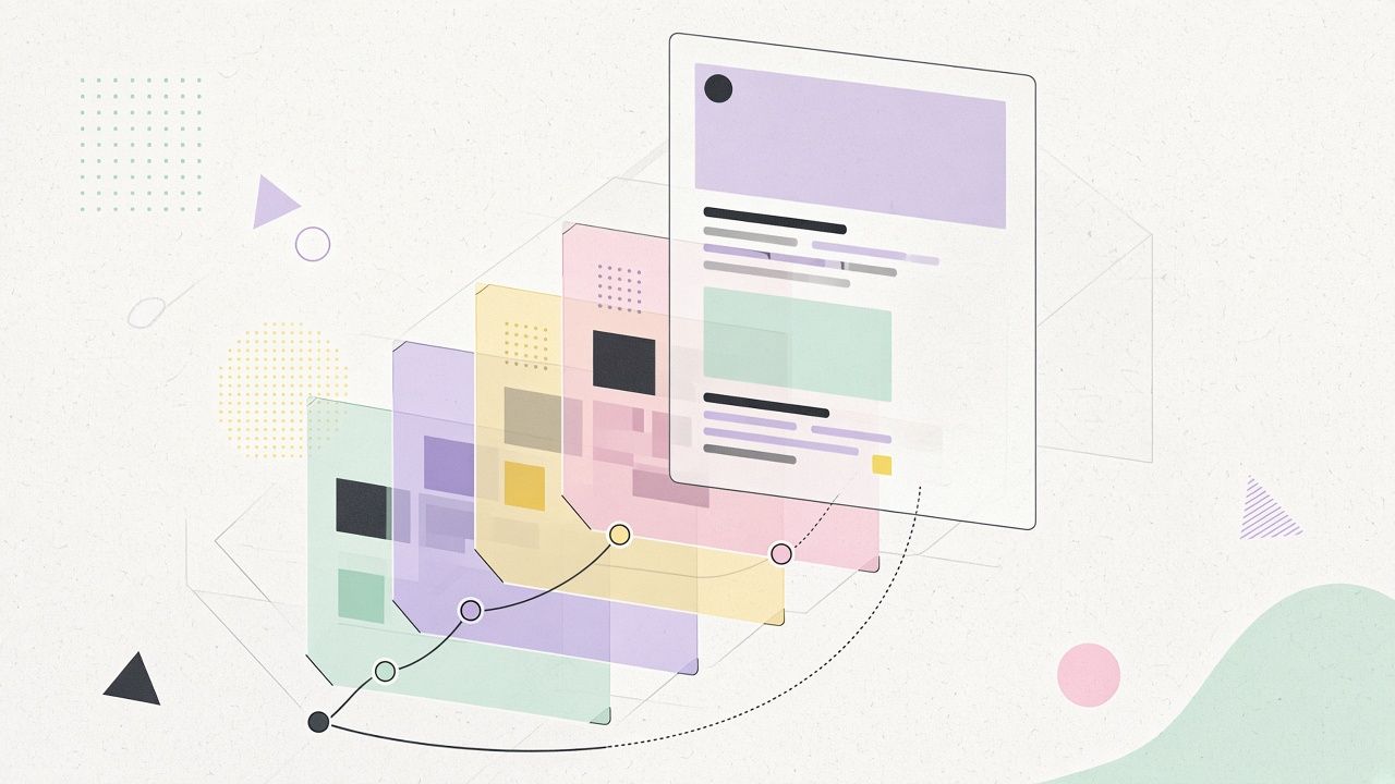 Translucent page panel floating above connected route layers.