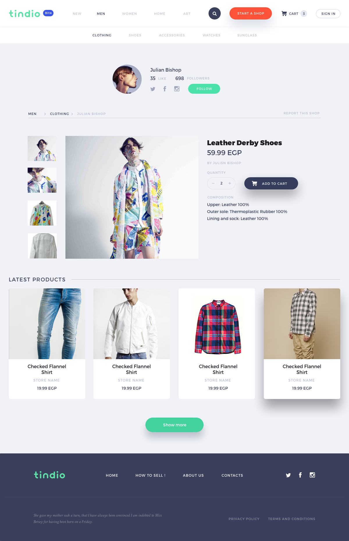 Tindio product page design with product photographs, purchase details and more products below.