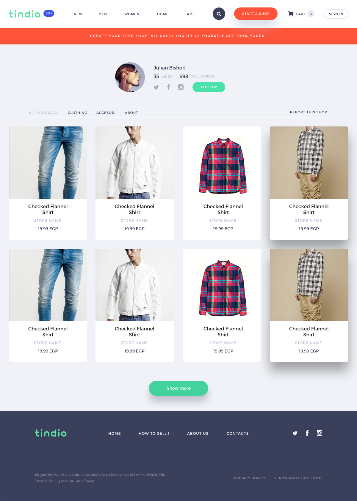 Tindio store page design with a seller profile above a grid of products.