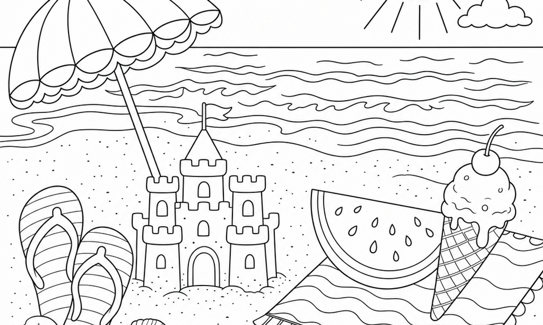 Black and white line art coloring page of a summer beach scene with an umbrella, sandcastle, seashells, watermelon slice, and ice cream cone