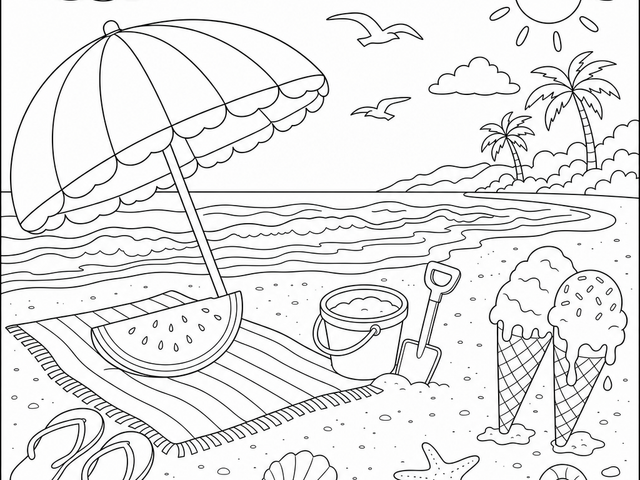 Black and white line art coloring page of a summer beach scene with umbrella, watermelon, ice cream cones, and seashells