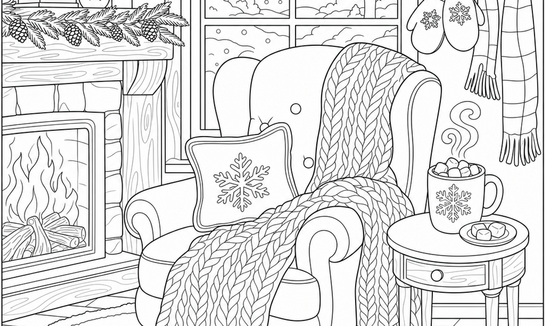 Black and white coloring page of a cozy winter scene with a fireplace, hot chocolate, knitted blanket, and snowy window view