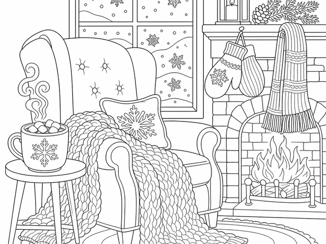Black and white line art coloring page of a cozy winter scene with a fireplace, hot chocolate, and a knitted blanket, perfect for Southern Hemisphere winter coloring