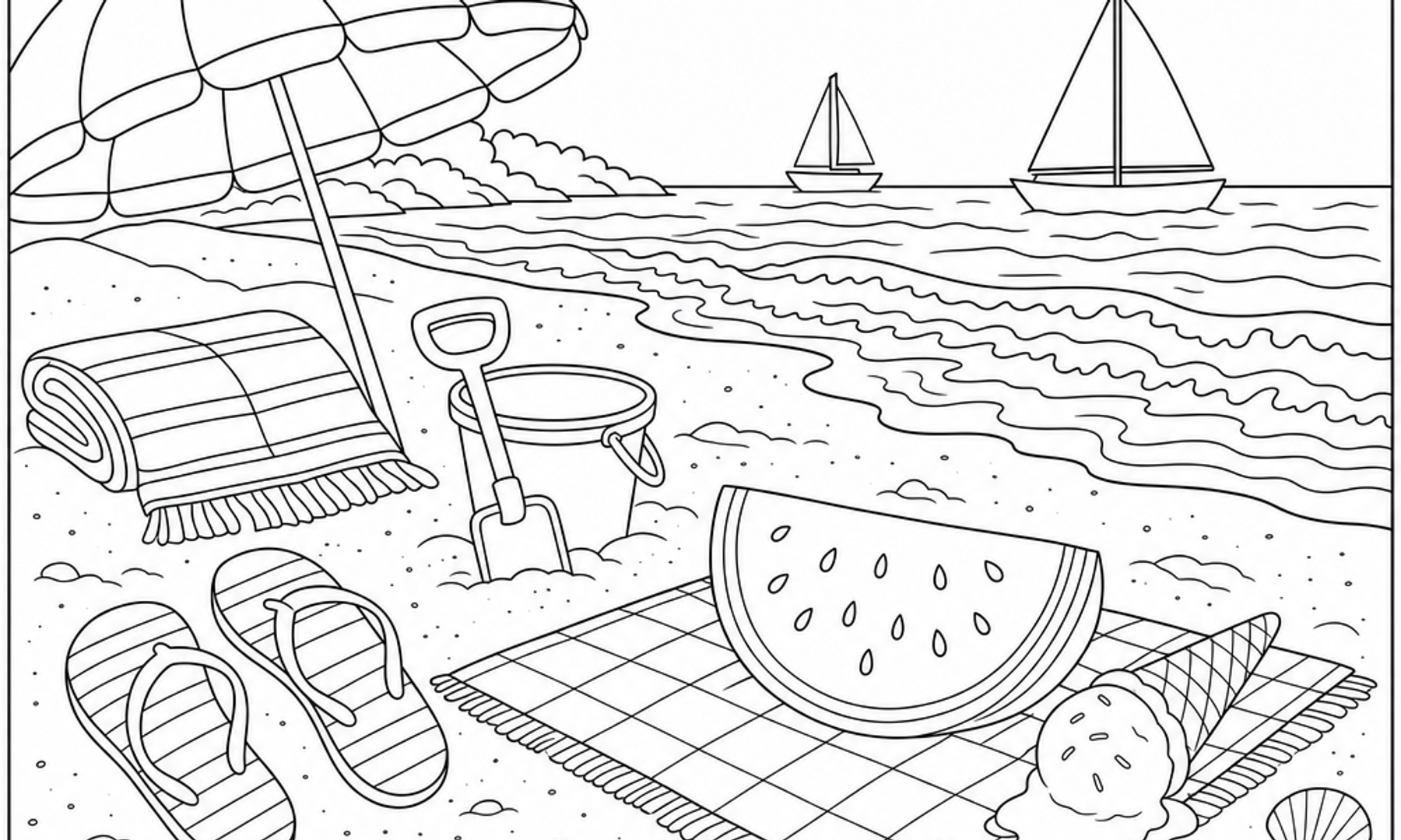 Black and white line art coloring page of a summer beach scene with umbrella, watermelon slice, ice cream cone, seashells, and ocean waves