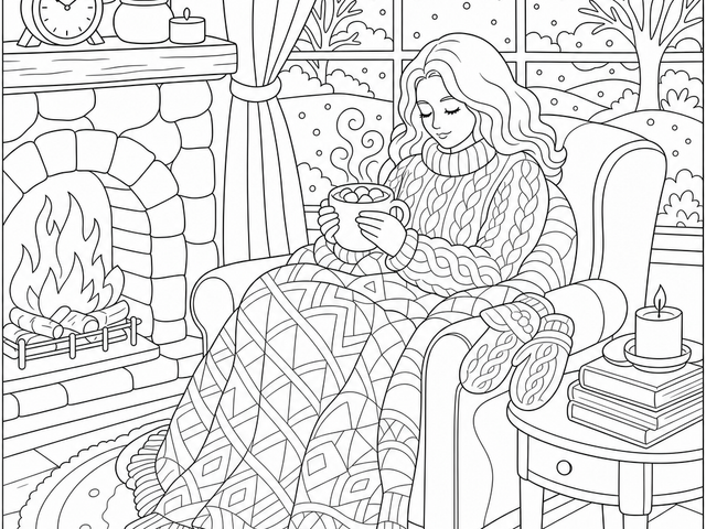 Black and white line art coloring page of a cozy winter scene with a person by the fireplace holding hot chocolate, wrapped in a blanket, with snow falling outside the window