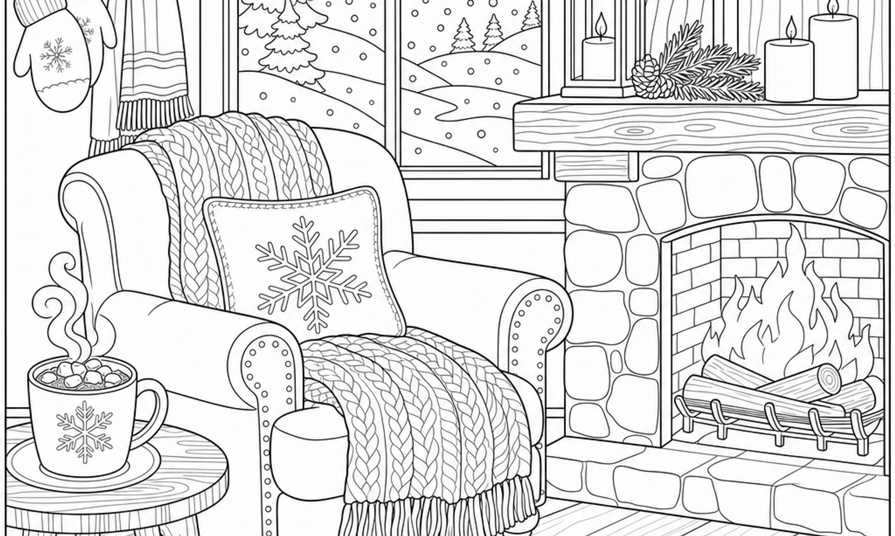 Black and white coloring page of a cozy winter scene with a fireplace, hot chocolate, knitted blanket, and softly falling snow outside the window