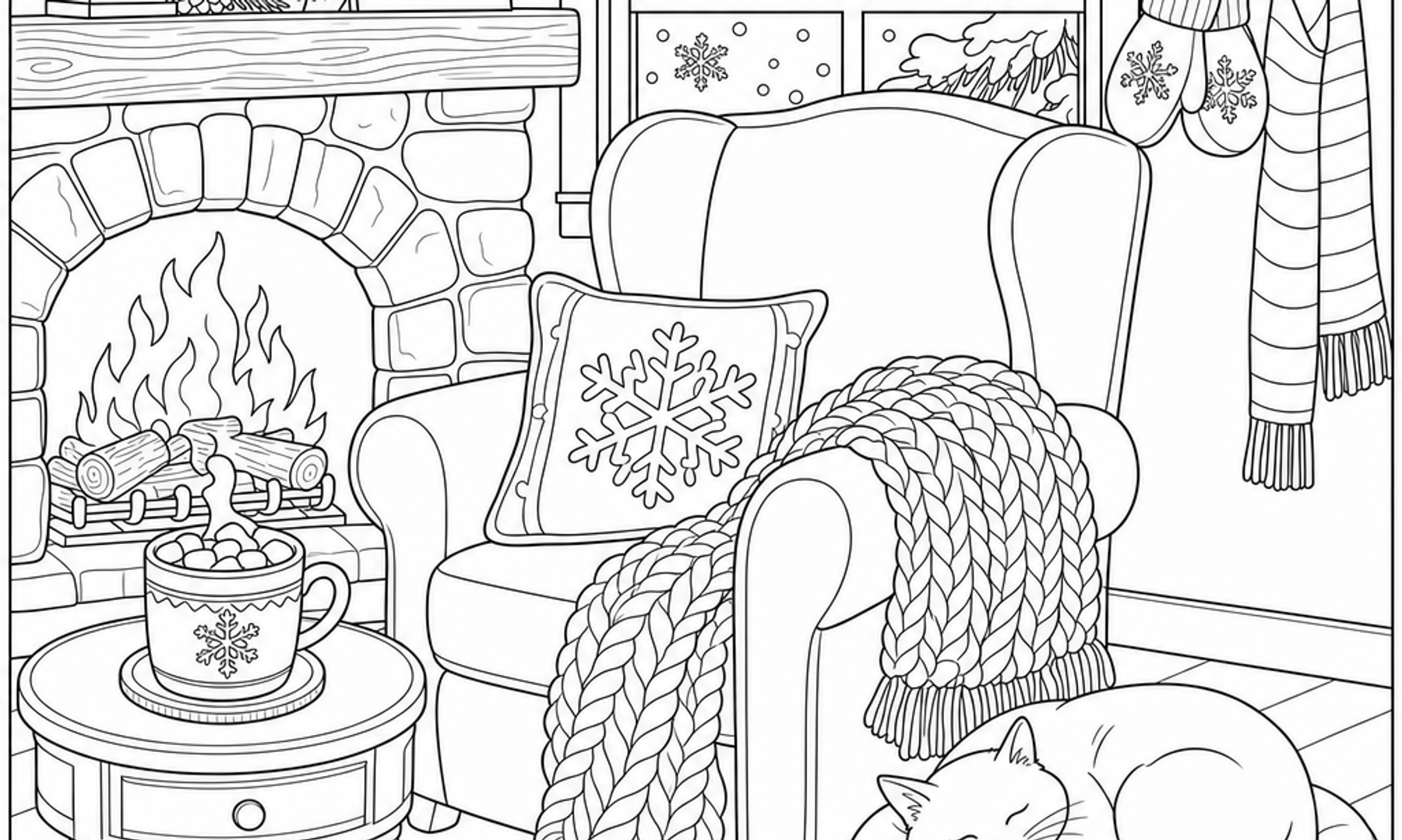Black and white coloring page of a cozy winter scene with a fireplace, blanket, hot chocolate, and snowy window