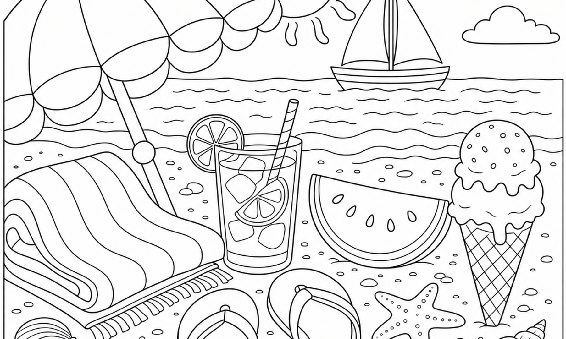 Black and white line art coloring page featuring a summer beach scene with an umbrella, watermelon slice, ice cream cone, sailboat, and sun