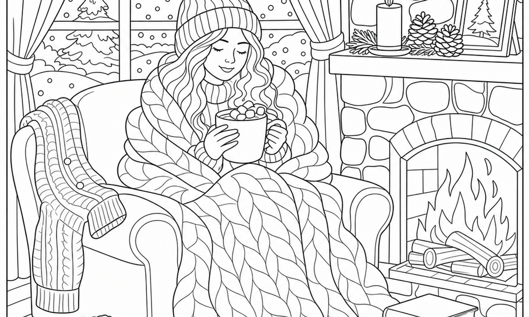 Black and white line art coloring page of a cozy winter fireplace scene with a blanket, hot chocolate, and falling snow outside the window