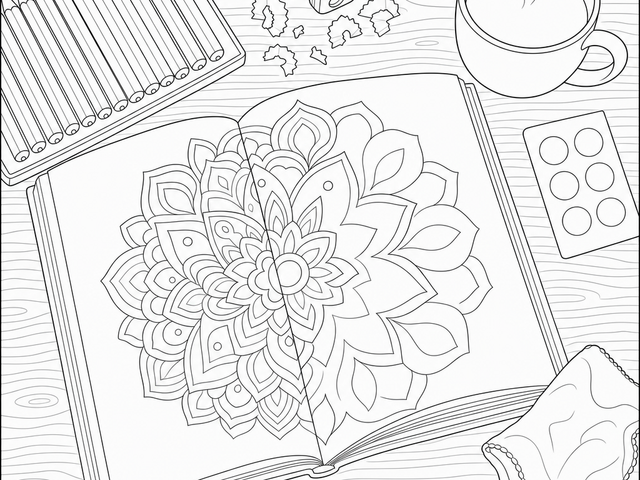 Line art coloring page of a desk with an open, half-finished coloring book, colored pencils, and a cup of tea, designed for coloring in the theme of restarting an abandoned coloring page