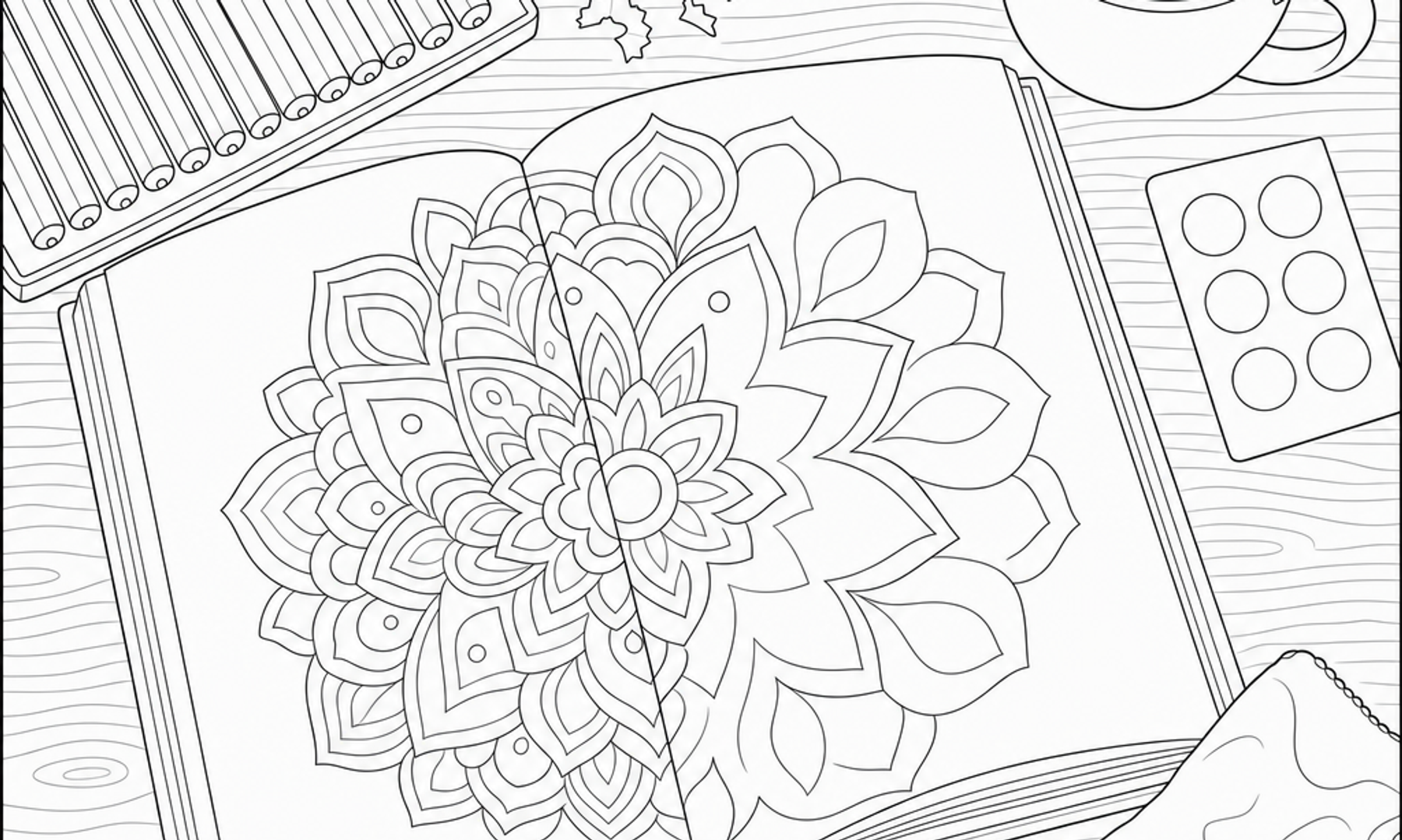 Line art coloring page of a desk with an open, half-finished coloring book, colored pencils, and a cup of tea, designed for coloring in the theme of restarting an abandoned coloring page