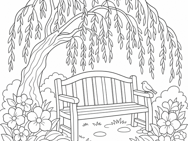 Black and white line art coloring page of a quiet garden bench under a willow tree, designed for gentle, restorative coloring