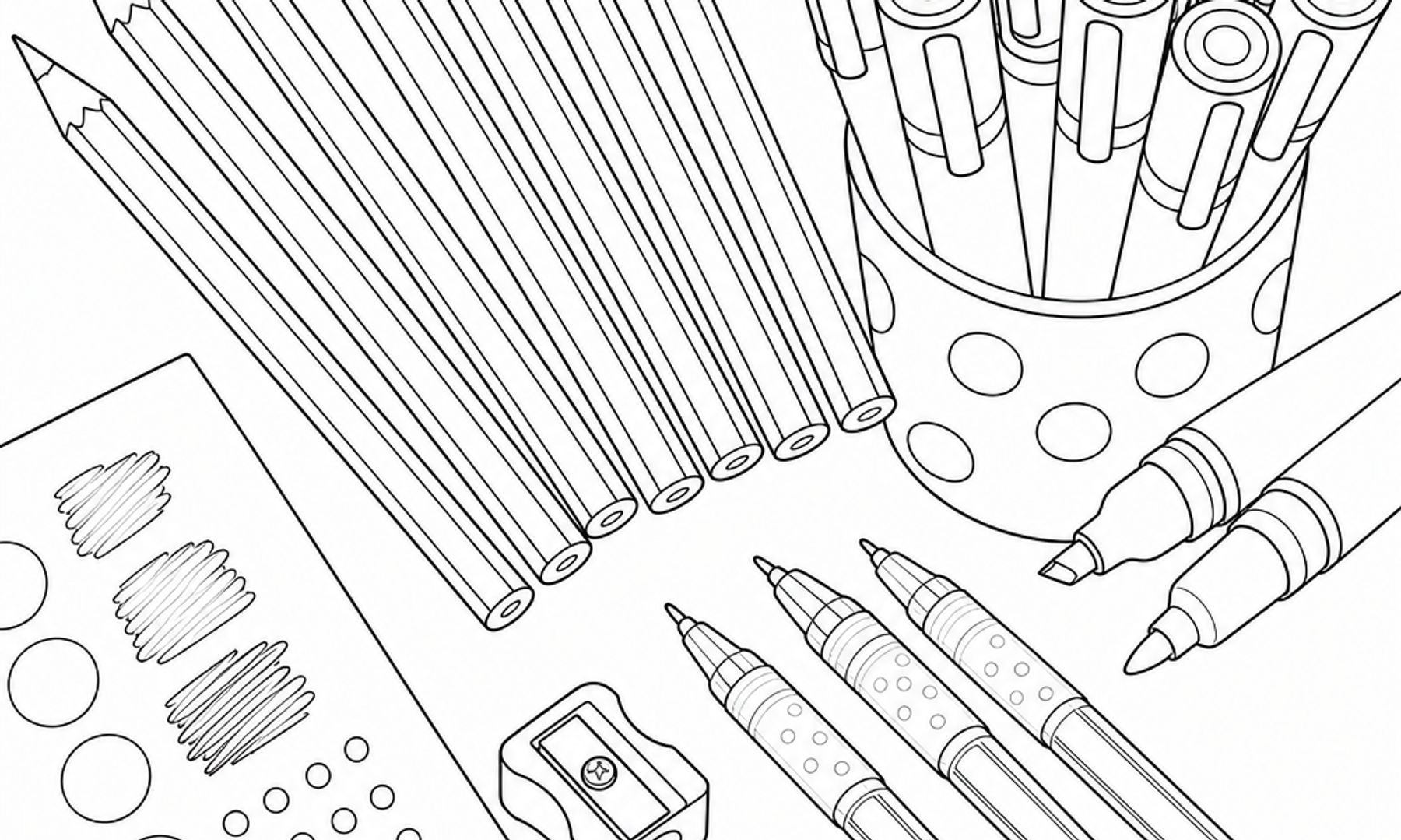 Line art coloring page featuring colored pencils, markers, gel pens, and a swatch test sheet arranged on a desk