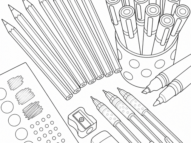Line art coloring page featuring colored pencils, markers, gel pens, and a swatch test sheet arranged on a desk