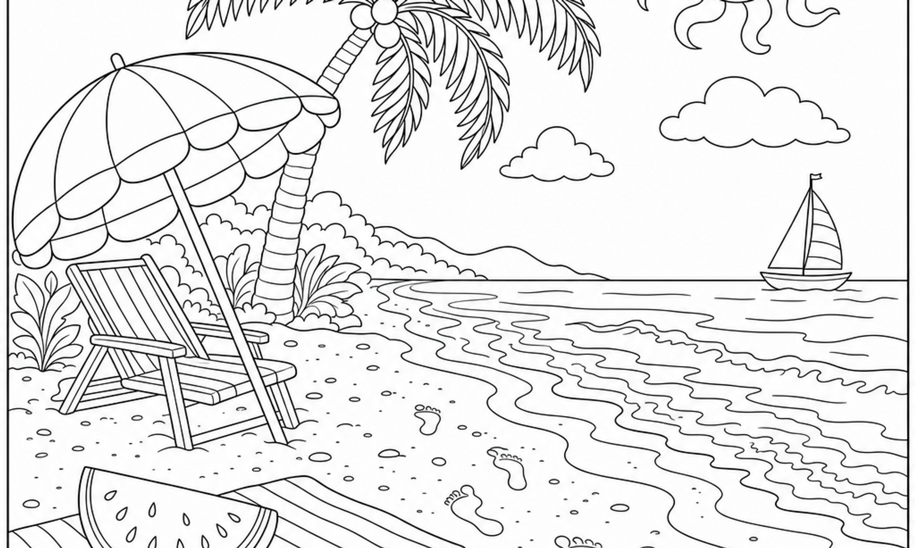 Black and white line art coloring page of a summer beach scene with palm tree, beach umbrella, watermelon slice, and sun