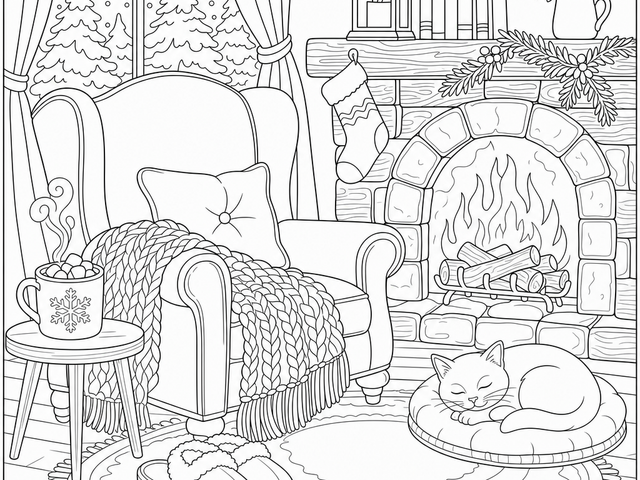 Black and white coloring page of a cozy winter scene with a fireplace, hot chocolate, blanket, and sleeping cat