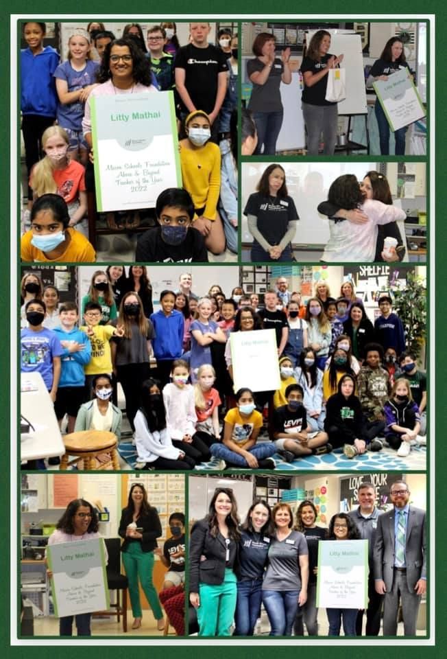 Collage of Litty Mathai with her award, MSF board members, and students