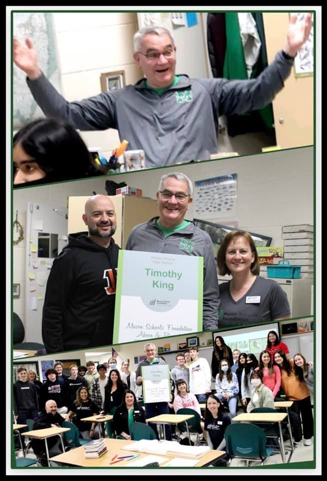 Collage of Timothy King in classroom with his award, MSF board members, and students