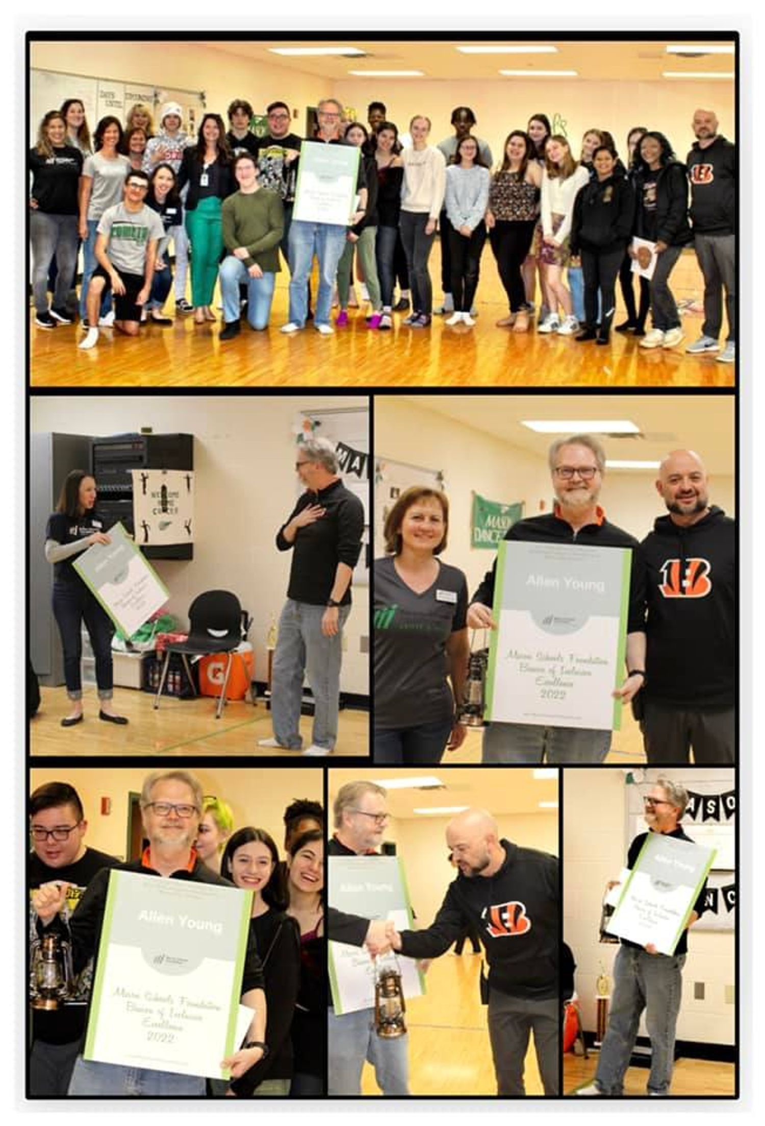 Collage of Allen Young with his award, students, and MSF board members