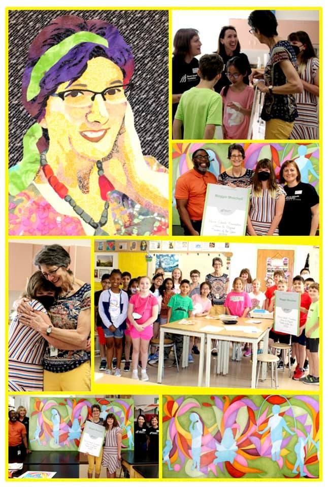 Collage of Maggie Moschell, her award, students, and a painting of her