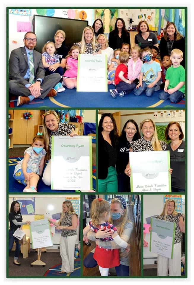 Collage of Courtney Ryan, her award, MSF board members, and students