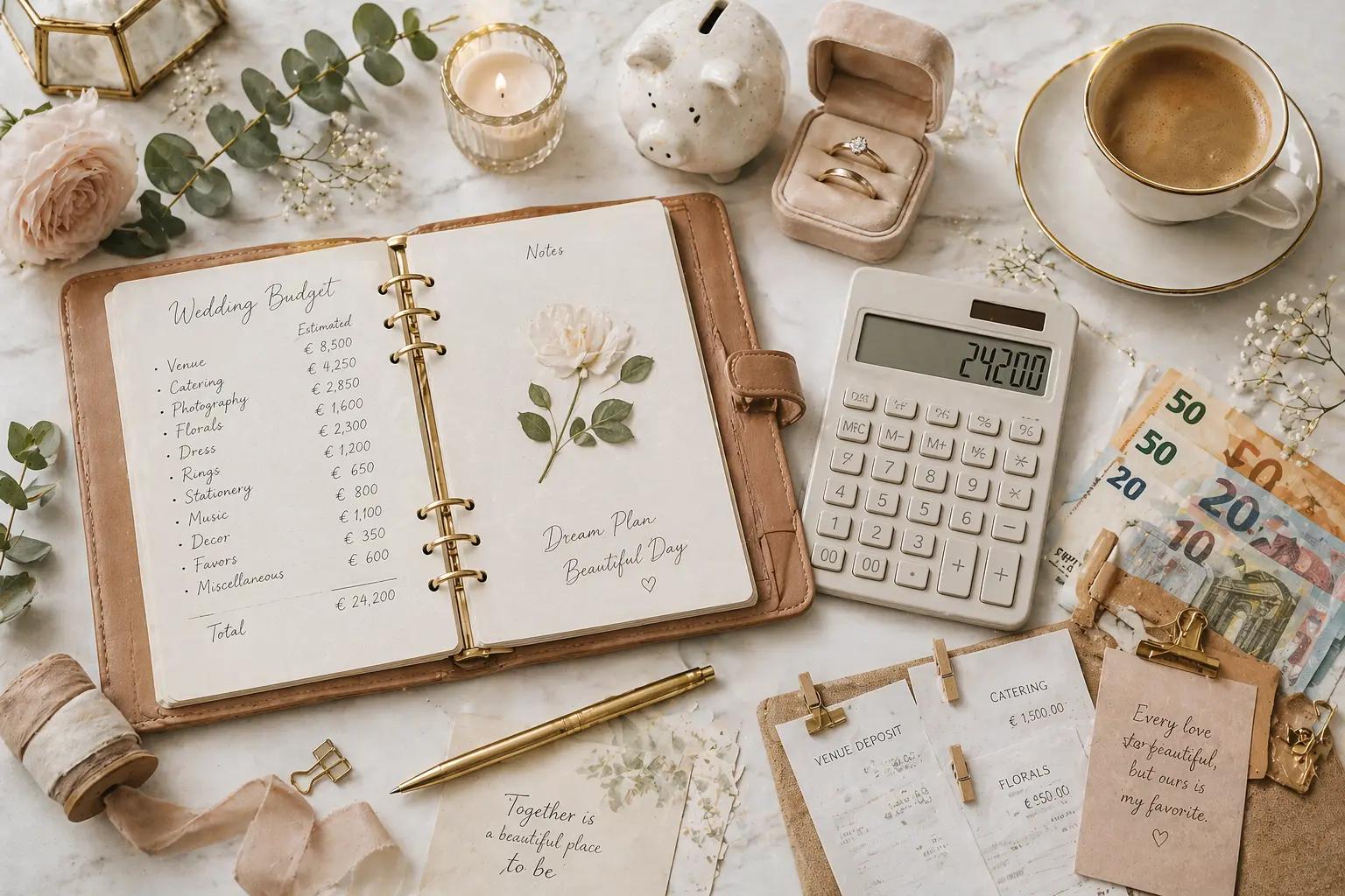 Couple reviewing their wedding budget together at a table with a laptop, notes, and coffee