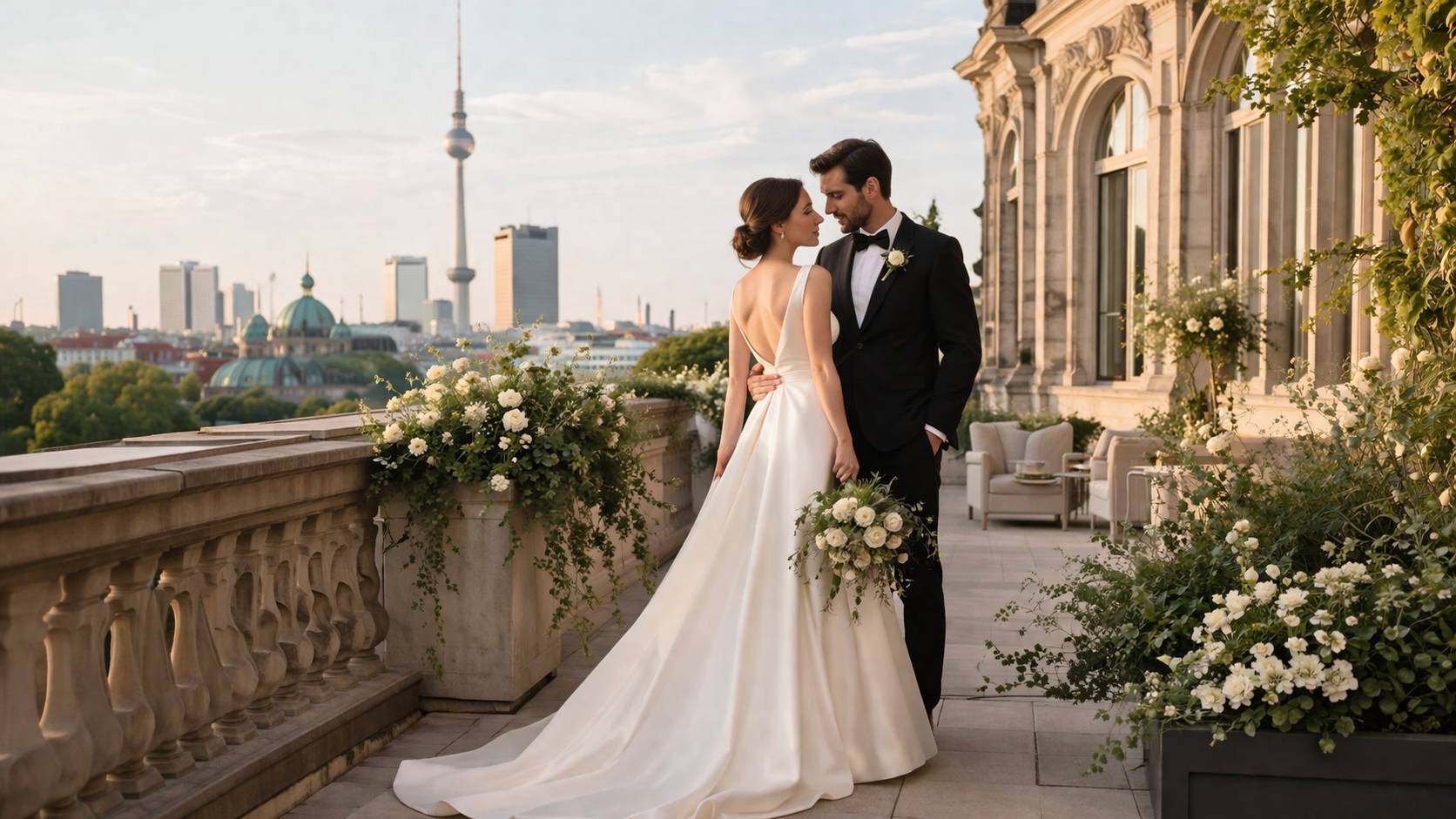 Wedding couple celebrating at a modern Berlin venue with city skyline in the background