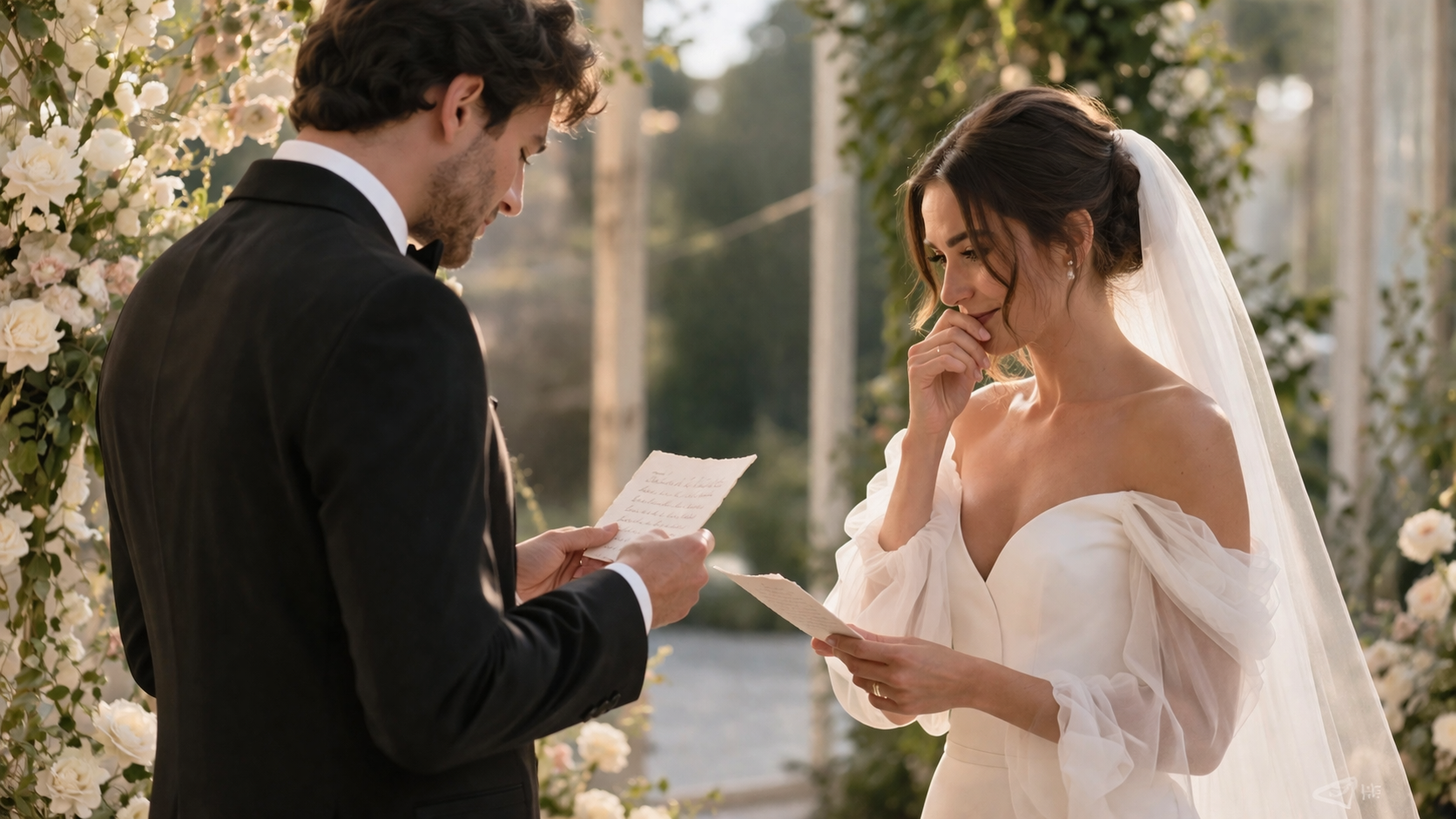 Couple standing at their wedding ceremony reading personalized vows to each other