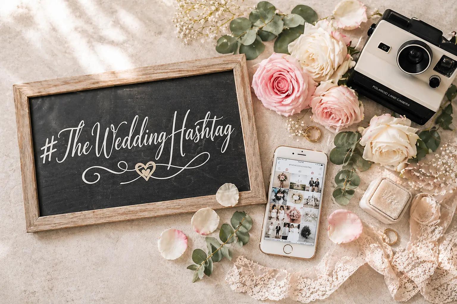Wedding guests taking photos and sharing them using a custom wedding hashtag displayed on a sign at the reception.