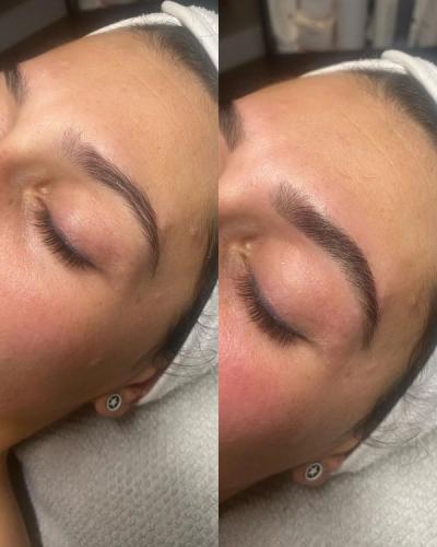 a before and after photo of a woman 's eyebrows .