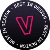 a pink letter v in a black circle that says best in design