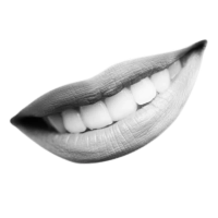 a black and white photo of a woman 's mouth with white teeth .