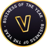 a business of the year logo with a purple letter v