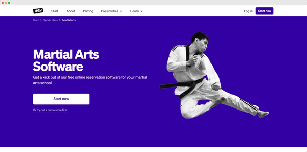 a martial arts software website with a man jumping in the air